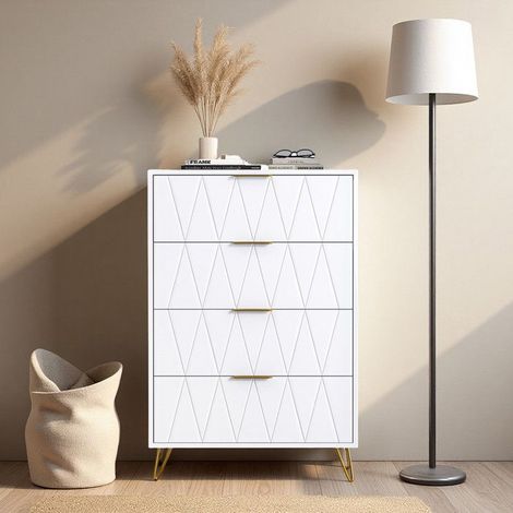 Comò - Bianco - 4 Cassetti - Design Moderno - Sistema Anti-Ribaltamento