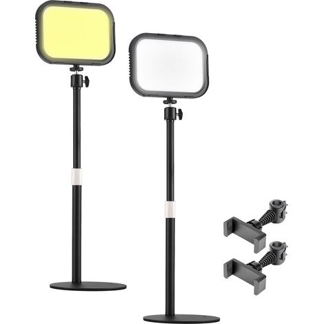 Lot de 2 panneaux lumineux LED de bureau 12 W pour visioconférence (Zoom), éclairage d'appoint 3000K-6500K, éclairage pour photographie, avec trépied réglable et support pour téléphone, alimentation U (1/4)