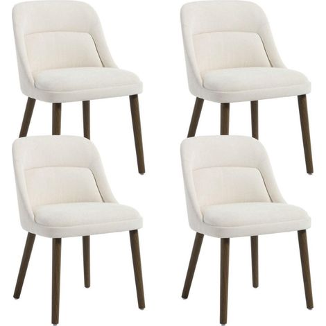 Lot de 4 chaises de salle à manger en tissu chenille blanc, pieds bois rétro (1/5)