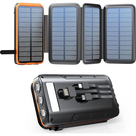 Batterie Externe Solaire 20000mAh 22,5W Chargeur Solaire avec 3 USB C Câble QC4.0 22,5W USB C 20W Fonction de Charge Rapide 4 Panneaux Solaires et 3 Lampes de Poche LED Pour Téléphone Tablette Campin (1/5)