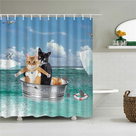 Rideau de douche amusant avec crochets, imperméable, décoratif, motif chat et chien 3D, 240 x 180 cm, rideau de douche créatif et personnalisé