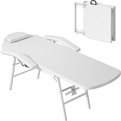 Table de massage portable, canapé de massage pliable avec revêtement en similicuir, rembourrage en mousse, structure en acier, blanc