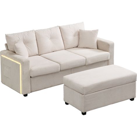 Sofá esquinero de 3 plazas con puff extraíble y LED, tejido de pana beige MODENUIT (1/5)