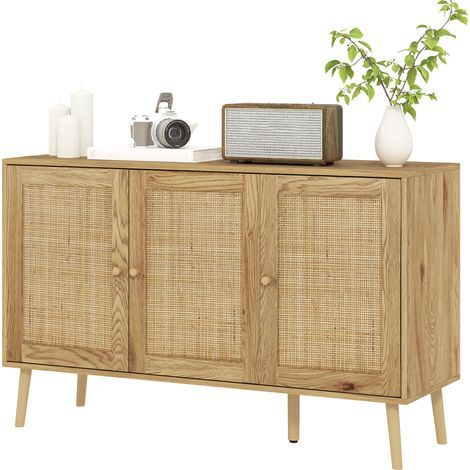 Sideboard aus Naturholz-Rattan, 2-türiger Aufbewahrungsschrank, verstellbarer Einlegeboden (1/5)