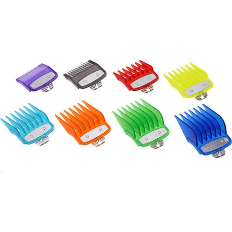 Kit de 8 ou 10 sabots de tondeuse à cheveux multicolores avec guide et protections en plastique. Accessoires inclus.