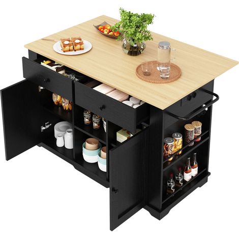 Îlot de cuisine mobile avec prises électriques, plateau rabattable, 2 tiroirs, 6 compartiments, noir et bois naturel, 151,5 cm (1/5)