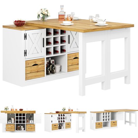 îlot de cuisine extensible,120-197x40x72cm,table à manger rotation 360°Avec 2 tiroirs & porte-bouteilles & Portes,Blanc (1/5)