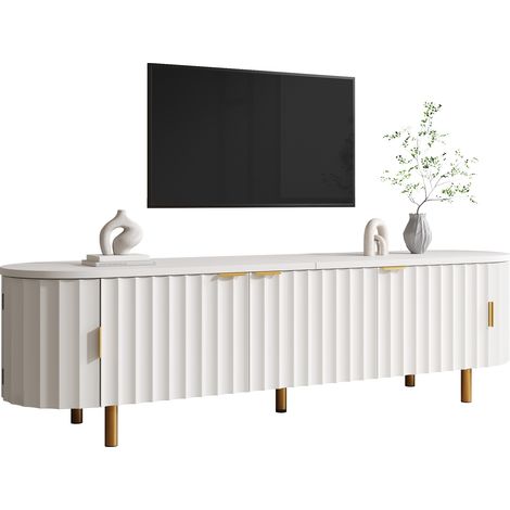 Meuble TV Blanc 170x40x47cm Rangement Portes Coins Arrondis Brillant MDF Salon Rangement Pratique Confort et Fonctionnalité Moderne (1/5)
