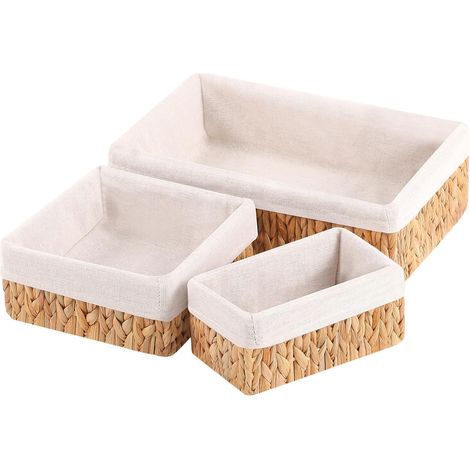 Set de 3 Paniers de Rangement, Boite Décoratifs avec Doublure, Cube Tressés en Osier, Pour Chambre, Salle de Bain, Bureau, Jacinthe D'eau, STB202-H