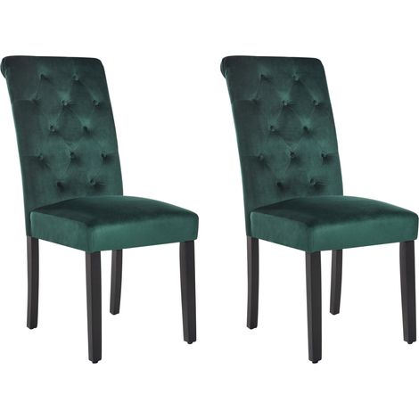 Conjunto de 2 sillas de comedor tapizadas en terciopelo verde botón capitoné glam diseño moderno patas de madera negras Velva