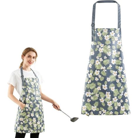 Grembiule floreale regolabile e capiente, riutilizzabile e impermeabile, ideale per cucinare, fare barbecue, giardinaggio e dipingere. (1/5)