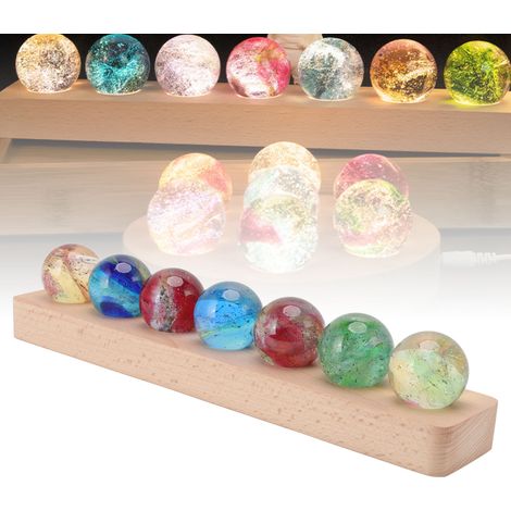 Lampada notturna decorativa a LED 3D multicolore con 7 sfere di cristallo su base in legno di faggio. (1/4)