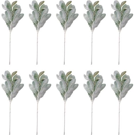 Confezione da 10 pezzi di erba orecchio di pecora artificiale floccata: steli di crisantemo a foglia argentata, foglie di quercia floccate, foglie di erba orecchio di pecora (1/5)