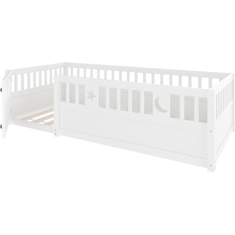 Lit à panneaux, 90 x 190 cm, lit enfant avec barrière, décoration étoiles et lune, sans matelas, style minimaliste, blanc (1/5)
