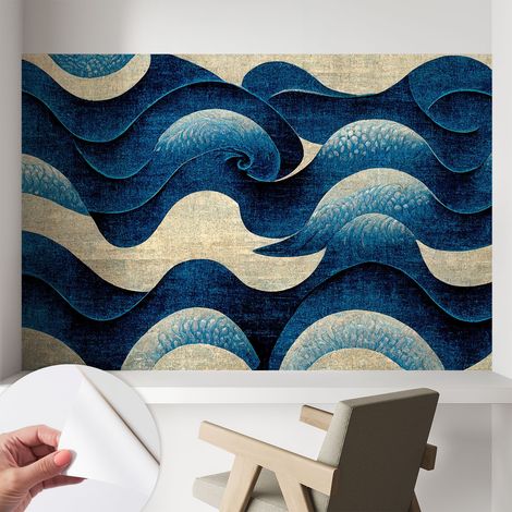 Papier peint autocollant adhésif installation rapide du papier peint durable et résistante Vagues bleues 104x70 cm (1/5)