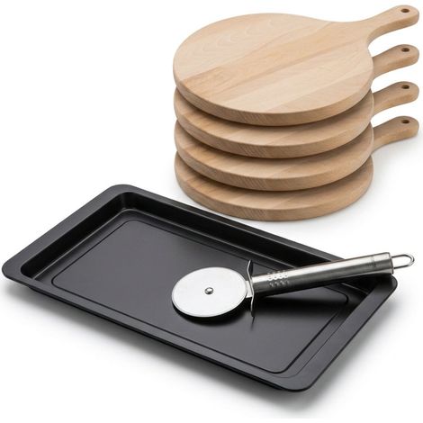 Ensemble pour pizza avec une plaque de cuisson four, 4 planches à pizza rondes et une roulette à pizza Fackelmann (1/5)