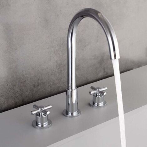 Set di rubinetti separati a 3 fori per lavabo - Corpo in ottone - Design a due maniglie, Modello A Argento