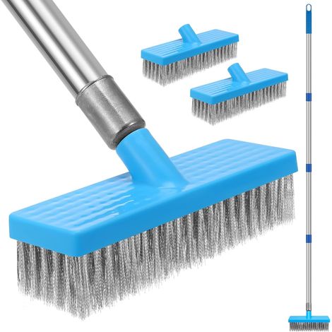 Balai en fil d'acier inoxydable avec manche de 168 cm de long, brosse à récurer en poils métalliques rigides, 4 poteaux amovibles et 2 brosses suces(20 + 30 CM), brosse à récurer pour sol extérieur po (1/5)