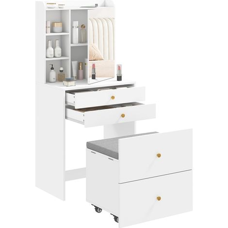 Coiffeuse avec miroir et tabouret de rangement mobile. table de maquillage. tiroirs. placard et étagères ouvertes. blanc (1/5)