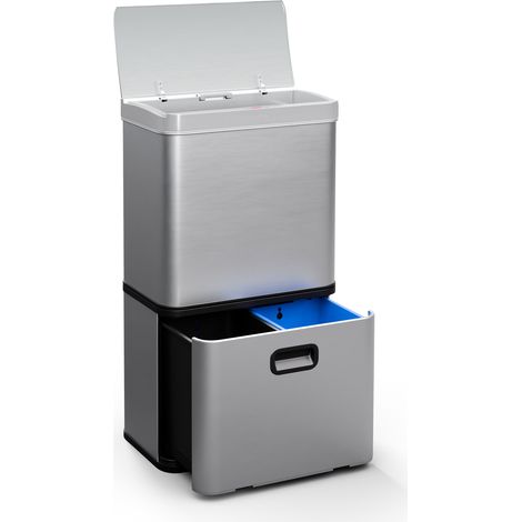 Klarstein Touchless Sensor-Mülleimer - 56L Küchen-Abfalleimer mit Bewegungssensor, 3-in-1-Mülleimer, Trennsystem, Soft-Close, Edelstahl, hygienisch