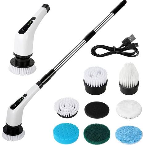 Elektrische Reinigungsbürste, per USB wiederaufladbare Reinigungsbürste, kabelloser Spin Scrubber mit Teleskopstiel und 7 austauschbaren Bürstenköpfen, Spin Scrubber geeignet für Ecke, Badezimmer