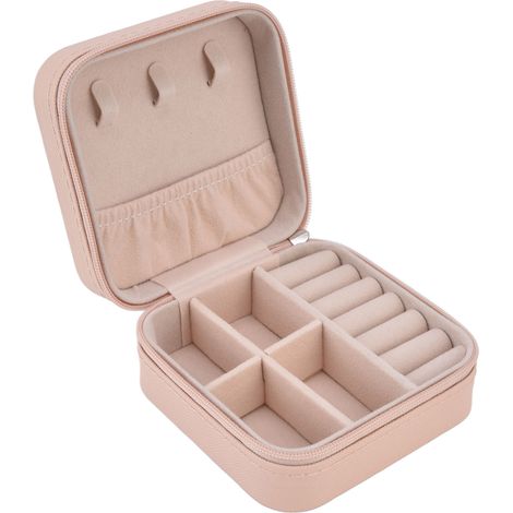 Tragbares Schmuckkästchen mit Reißverschluss, 4 Fächern, großem Fassungsvermögen, weichem Futter, Mini-Reiseaufbewahrungsbox – Nude-Rosa (1/5)