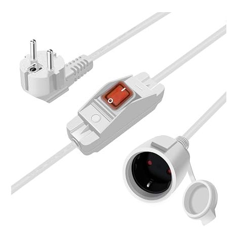 Cable D'extension Schuko avec Interrupteur 16A 250V Rallonge électrique Courte Schuko,Câble Court 2 AC Prise IP44 pour Une Utilisation Extérieure ou Intérieure (90° Blanc 0.5m) (1/4)