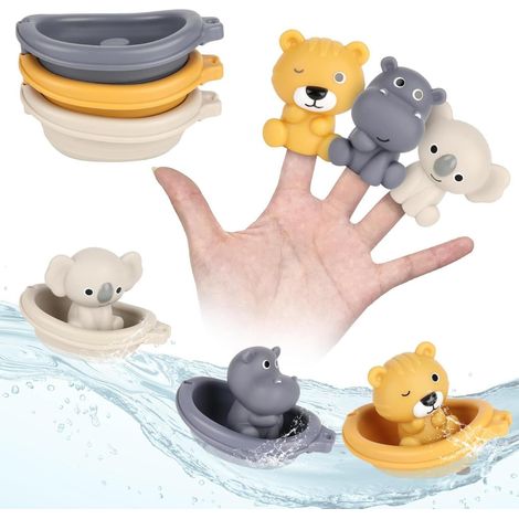 Ensemble de jouets de bain empilables : bateaux et marionnettes à doigts d'animaux, 3 bateaux flottants en silicone avec marionnettes lion, hippopotame et koala pour jouer dans le bain et la piscine, (1/5)
