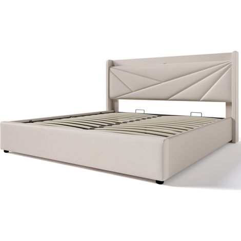 Cama doble tapizada con canapé y carga USB Tipo-C 140 x 200 cm beige HOMVRA (1/5)