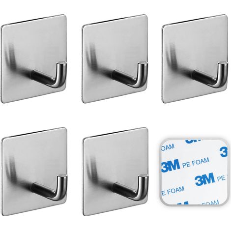 Lot de 6 crochets adhésifs en acier inoxydable, crochet adhésifs imperméables, aucun perçage requis.(argent)
