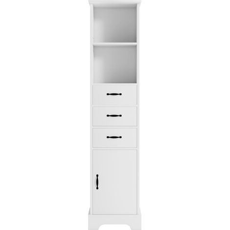 CAIziArmoire haute de salle de bain 38 x 26 x 172,5 cm, entièrement laquée pour une résistance à l’humidité, trois tiroirs + doubles étagères ouvertes + portes d’armoire, étagères réglables, blanc. (1/5)