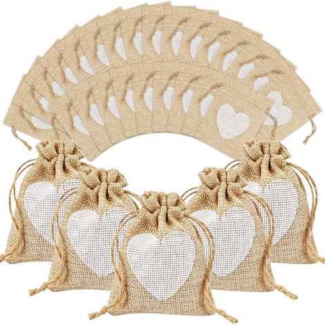 Sacchetti di juta, 30 pezzi, 8 x 10 cm, piccoli sacchetti di juta a forma di cuore con coulisse, mini sacchetti di juta, astucci per gioielli, artigianato, matrimonio, festa e Natale (1/5)