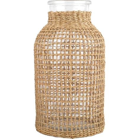 Vase En Verre - Couvercle En Rotin - Forme Ronde - Pour Bouquets Et Branches Fraîches - Décoration Intérieure Farmhouse - Lot De 1 (1/5)