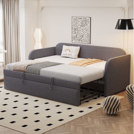 Schlafsofa 90x190 cm Mit Ausziehbarem Gestell 180x190 cm, Grauer Leinenstoff (1/5)