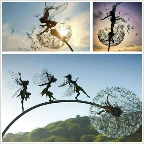 XEPHO Lot de 3 piquets de jardin décoratifs en métal fées et pissenlits dansant ensemble jardin cour Art ornement debout