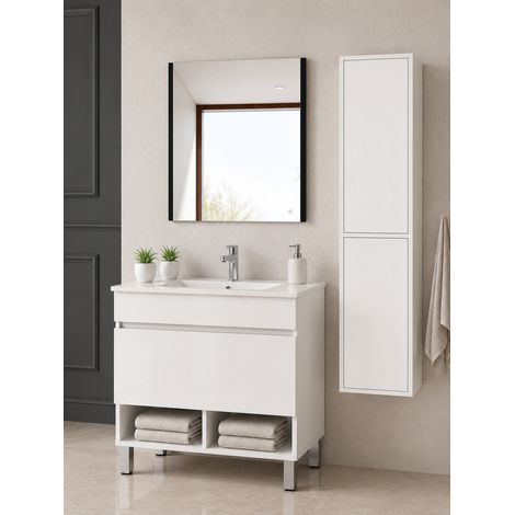 Bathroom cabinet with legs and ultra-slim basin ORIGENBATH NEBARI with legs and drawer without mirror 50x40 cm white with column (1/5)