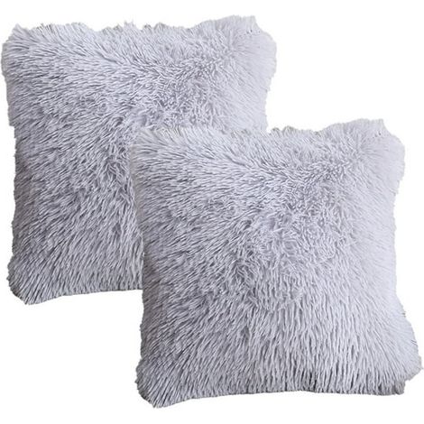Coussin décoratif 2 pièces en fausse fourrure ultra douce, peluche moelleuse pour canapé et lit, oreiller confortable, rembourrage épais, style cosy, 45x45 cm, gris. (1/5)