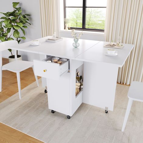 Tavolo da pranzo pieghevole in MDF bianco 120x75x75 cm con cassetti, ripiano e ruote, per 2-4 persone