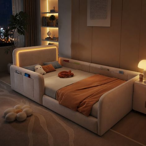 Lit capitonné simple 90x200 cm pour adolescent, avec bande lumineuse LED et contrôle par application, éclairage LED sur la tête de lit, poches latérales, sans matelas, couleur beige (1/5)