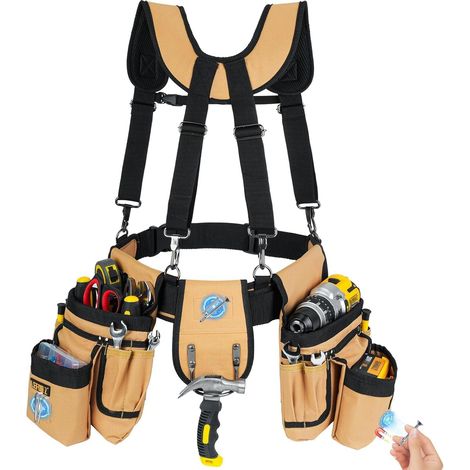 Belt Tools with Straps, Tool Belt for Men with 27 Pockets, Removable and Adjustable Heavy Duty Magnetic Tool Bag, for Electricians, Carpenters, Construction Workers, Black Brown