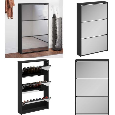 Zapatero con espejo de 3 niveles negro 63x17x102,5 cm - Mueble para zapatos - Almacenamiento de zapatos