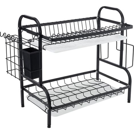 2-Tier Black Steel Dish Drying Rack (1/4)