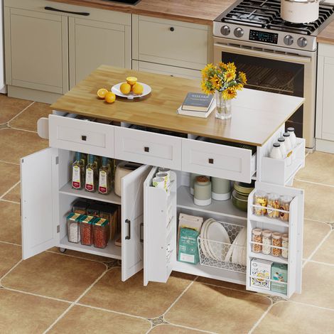Isola da cucina 140x43(70)x90,5 cm in bianco/naturale con piano ribaltabile, 4 ante e 3 cassetti (1/5)