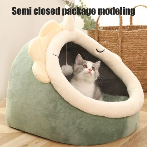 Lit douillet pour chat chien S, cabane fermée démontable lavable, motif dinosaure, chaud automne hiver (1/5)