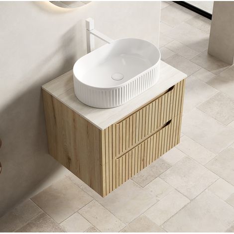 Meuble vasque suspendu 60x46x61 cm en céramique blanc, 2 tiroirs pour salle de bains – MEUBLIV (1/5)