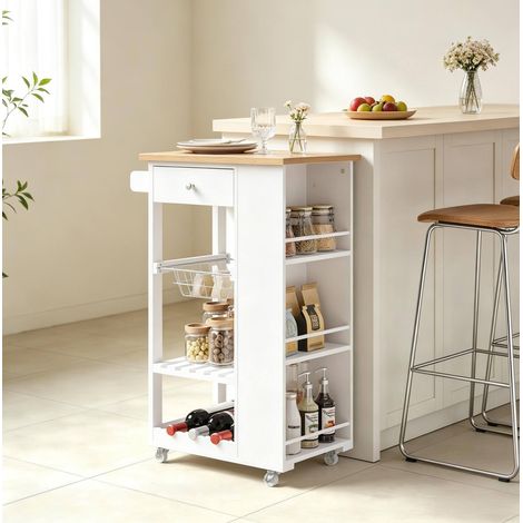 Desserte de cuisine sur roulettes blanche avec plateau, tiroir, panier à fruits, casier à bouteilles et étagères latérales, MDF bambou métal  CHICFURN (1/5)