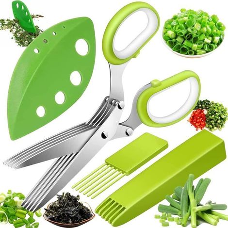 Ciseaux à herbes 5 lames en acier inoxydable – Poignée ergonomique en silicone antidérapant – Coupe précise pour herbes et légumes (1/5)
