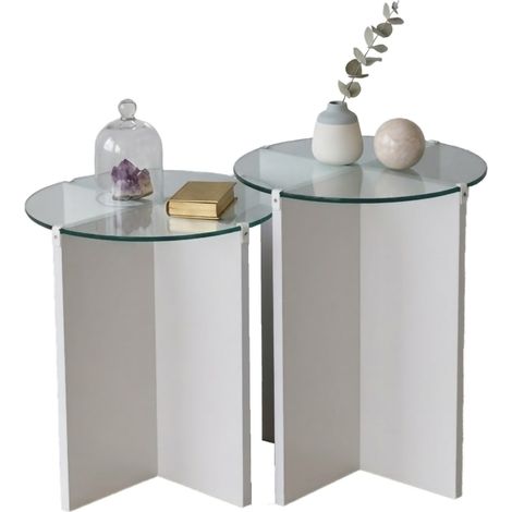Couchtisch-Set Genga, 2-teilig, gehärtetes Glas, rund, Tischplatte aus Glas, 70x70x38h cm, Weiß