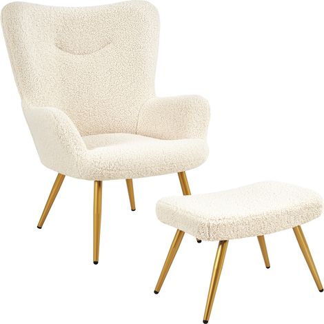 Yaheetech Set Poltrona da Salotto con Pouf Poggiapiedi in Tessuto Bouclé e Metallo Imbottita con Schienale Braccioli Avorio