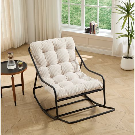 Tumbona mecedora de exterior de acero negro con cojín blanco grueso, 75x116x82 cm, balanceo ajustable (1/5)